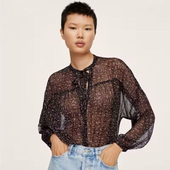 Mango Floral Print Sheer Long Sleeve Blouse - Picture 1 of 9